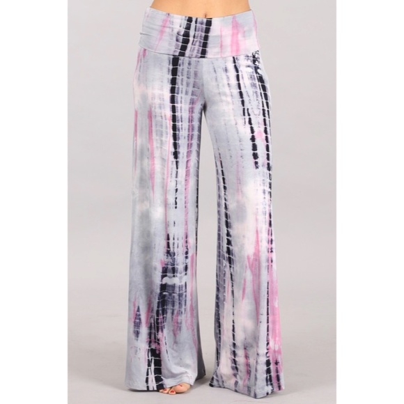 Silver & Pink Tie Dye High Waist Bohemian Wide Leg Palazzo Lounge Casual Pants - Picture 2 of 6
